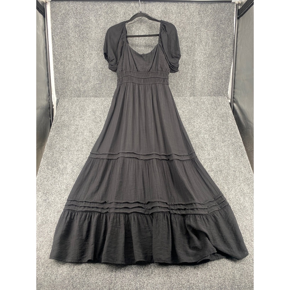 Maxtash Tiered Maxi Dress Womens Large Black Smocked Waist Puff Sleeve Boho